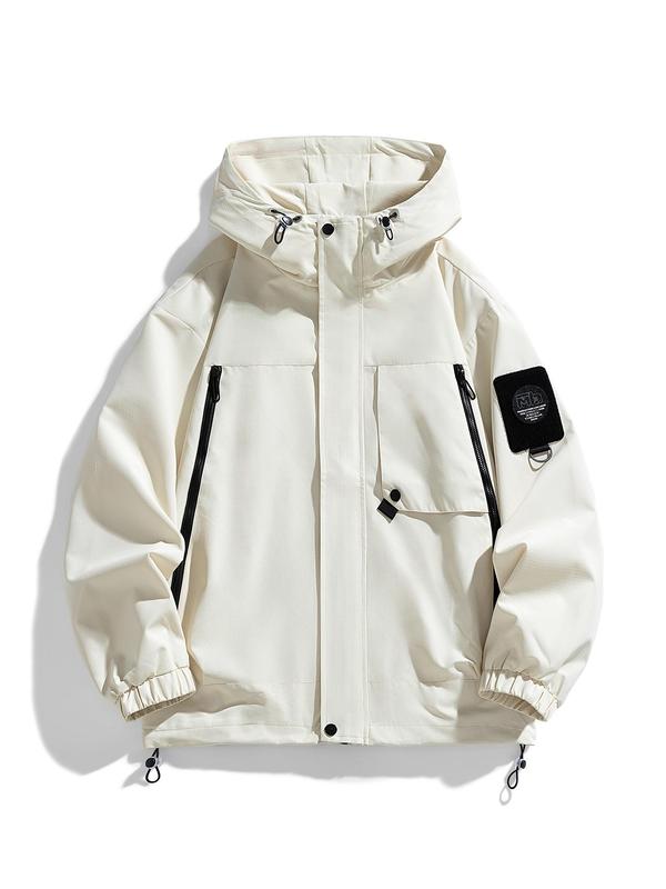 Women's Solid Color Letter Patched Drawstring Hooded Skiing Jacket, Casual Waterproof Windproof Long Sleeve Zip Up Outerwear for Outdoor Activities, Ladies Sportswear for All Seasons Sports Jacket